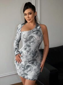 SHEIN SXY x STAS Women Sexy One-Shoulder Dress With Sparkling Printed Flowers - Multicolor - View 5