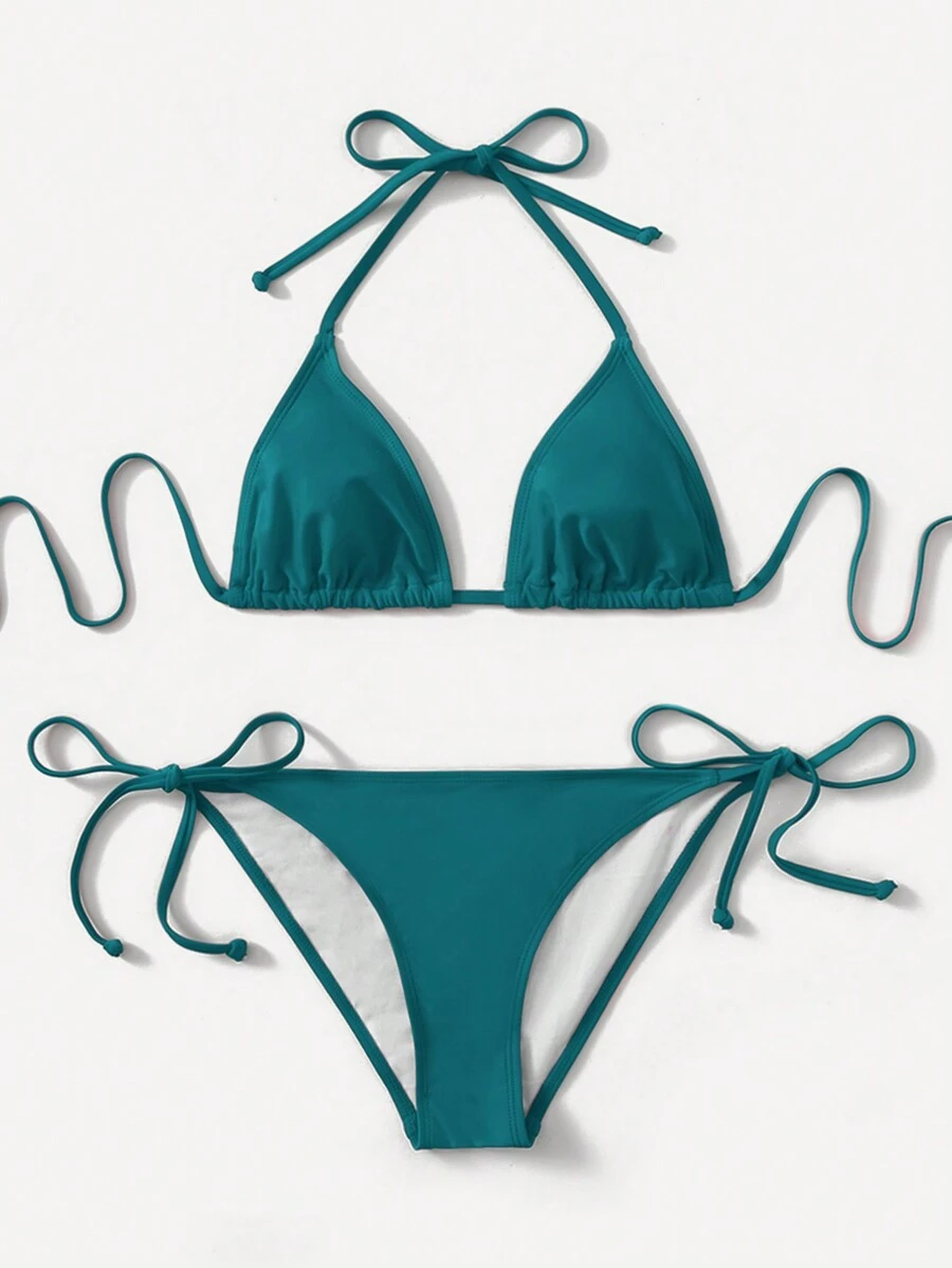 Swim Basics Ladies Solid Color Halter Strap Simple Fashionable Bikini Two-Piece Set For Vacation, Summer Beach - Teal Blue - View 1