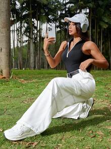 SHEIN EZwear Women Summer Casual Loose Straight Cargo Pants In White With A Built-In Belt - White - View 6