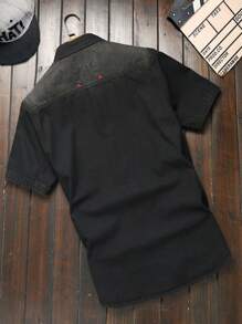 Manfinity Homme Men Summer Loose Fit Short Sleeve Denim Casual Shirt With Letter Embroidery - Black - View 2