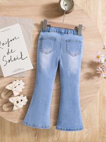 SHEIN Quần jean có độ đàn hồi cao cho cô gái trẻ có thêu hoa văn kỳ lân, đã giặt, quần ống loe thông thường - Rửa trung bình - Xem 2