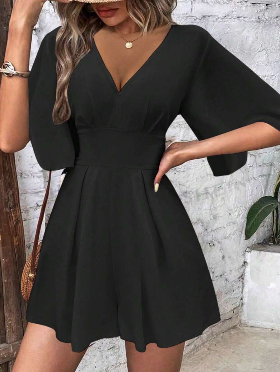 Chiquease Women's Summer V-Neck Solid Color Short Romper With Flare Sleeves And Elastic Waist