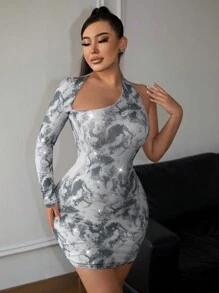 SHEIN SXY x STAS Women Sexy One-Shoulder Dress With Sparkling Printed Flowers - Multicolor - View 8