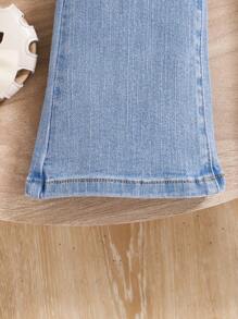 SHEIN Quần jean có độ đàn hồi cao cho cô gái trẻ có thêu hoa văn kỳ lân, đã giặt, quần ống loe thông thường - Rửa trung bình - Xem 5