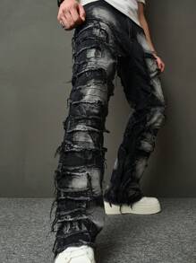 SHEIN Tween Boy Moda Casual Design Sense Rough Edge Quadrado Triângulo Corte Preto Denim Fit Com Jeans Elástico Para Uso Diário E Outono Roupas Infantis