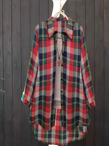 女用格子捲袖長襯衫 - 彩色 - 查看 3