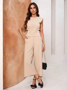 Aveloria Minimalist Style Unisex Backless Top & High-Waist Trousers, Loose-Fit Women's 2pcs/Set