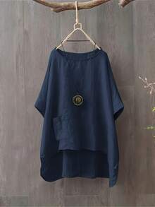 Women's Solid Color Asymmetrical Hem Shirt With Pocket