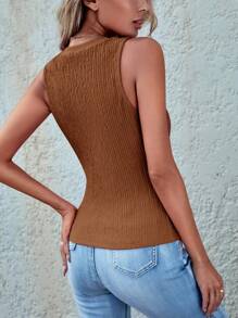 SHEIN LUNE Ladies Summer Solid Color Round Neck Slim Fit Casual Tank Top - Brown - View 2