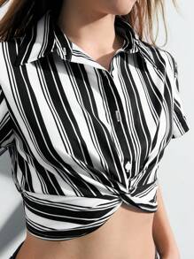 Maija 條紋扭結前扣短袖襯衫 - 彩色 - 查看 4