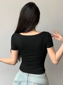 DAZY Women Summer Solid Color Twisted Hollow Out Short Sleeve Slim Fit Crop Top T-Shirt Going Out Tops