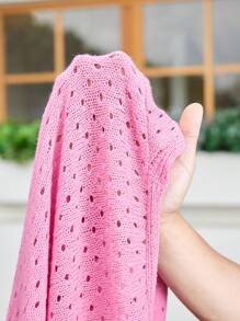 Tween Girl Cover Up Loose Hollow Out Mesh Open Front Tie-Front Cardigan For Vacation - Pink - View 7