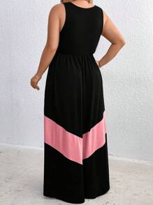 SHEIN Holidaya Plus Size Women Boho Summer Color Blocking Long Round Neck Sleeveless Casual Simple Dress