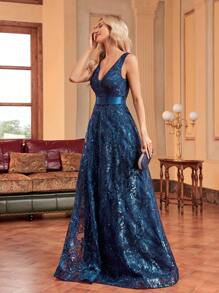 XUIBOL Women's Sequin Embroidered Fitted V-Neck Sleeveless Maxi Formal Dinner Party Gown Dress (Heavy Handwork) Wedding Guest Dress Evening Dress - Màu xanh ngọc - Xem 3