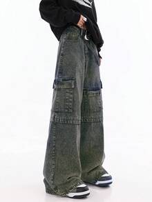 Jeans cargo anchos de múltiples bolsillos de estilo callejero Y2K para mujeres, pantalones vaqueros rectos y de pierna ancha de moda para el trabajo - Azul Cadete - Ver 3