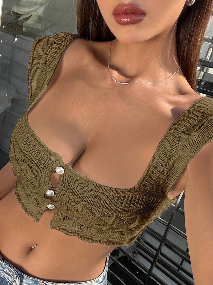 Women Summer Short Knitted Top With Faux Pearl Decoration
