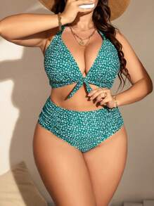 SHEIN Swim Curve Summer Beach Plus Size Ditsy Floral Print Knot Front Bikini Set - Green - View 3
