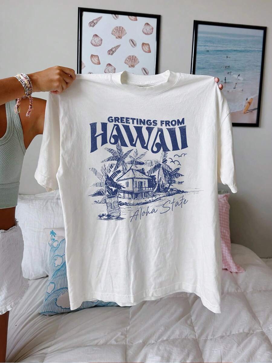 Comfortcana Áo thun nữ cổ tròn tay ngắn họa tiết tối giản cỡ lớn, rộng rãi, phù hợp cho mùa hè - trắng - Xem 1