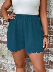 SHEIN LUNE 大尺碼時尚的邊緣紋實色休閒短褲 - 水鴨藍 - 查看 1