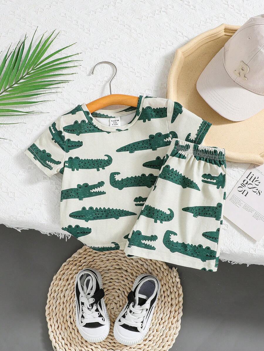 SHEIN Baby Boy Cartoon Alligator Pattern Round Neck Tee And Shorts Set - Green - View 1