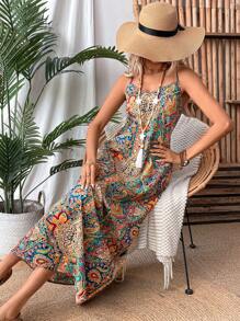 Breezaya Women Asymmetrical Vacation Printed Cami Dress Maxi Vacation Beach Outfit - Multicolor - View 6