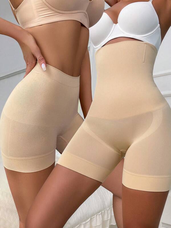 1pc Solid Color High Waist Tummy Control Panties With Butt Lifter + 1pc Solid Color Mid-Waist Body Shaping Panties With Tummy Control