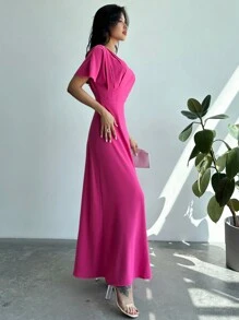 Firerie Ramadan Short Sleeve Round Neck Ruched Dress With Cinching Waist And A-Line Silhouette, Slim Fit