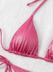 SHEIN Swim Women Summer Beach Solid Metal Textured Halter Neck Simple And Stylish Bikini Set For Vacation - Hot Pink - View 4