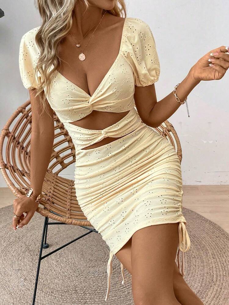 Women Twist Knot Hollow Out Short Bubble Sleeve Jacquard Knitted Dress