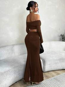 SHEIN BAE 夏季適用的女士純色露肩上衣和人魚皺邊裙套裝 - 咖啡棕 - 查看 2