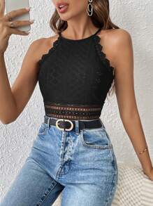 SHEIN Frenchy 女士紧身胸衣上衣蕾丝拼接纹理面料吊带背心黑色紧身衣