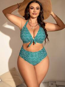 SHEIN Swim Curve Summer Beach Plus Size Ditsy Floral Print Knot Front Bikini Set - Green - View 1