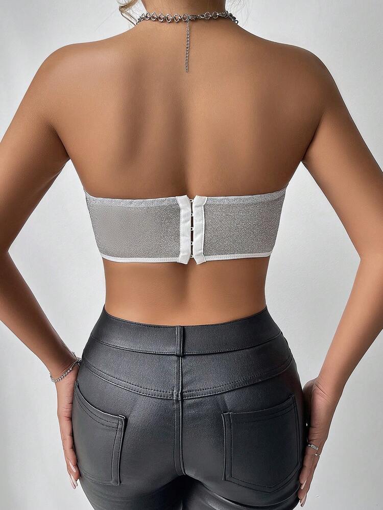 Women Summer Sexy Silver Heat Pressed Hollow Out Slim Fit Cropped Strapless Top