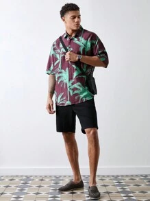 Forever 21 男士寬鬆短袖棕紅棕櫚樹印花襯衫 - 酒紅色 - 查看 5