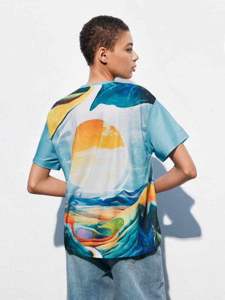 SHEIN Maija Women Summer Oil Painting Printed Round Neck Short Sleeve Casual T-Shirt