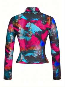 INAWLY Camiseta de manga larga de ajuste slim con estampado de graffiti para mujer de talla grande, para primavera/verano - Rosa Fucsia - Ver 2