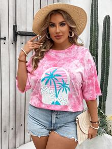 SHEIN VCAY Plus Size Coconut Tree Print Casual Round Neck Short Sleeve T-Shirt, Perfect For Daily Wear In Spring And Summer - Hot Pink - View 6