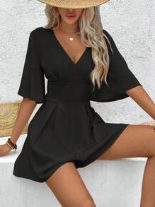 Chiquease Women's Summer V-Neck Solid Color Short Romper With Flare Sleeves And Elastic Waist