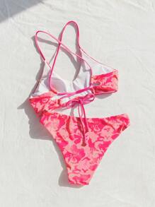 SHEIN Swim مجموعة بيكيني مكونة من قطعتين بطبعة زهور عشوائية لعطلة على الشاطئ، الصيف على الشاطئ