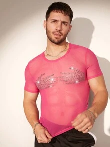 FeverCity Summer Men Sexy Slim-Fit Short Sleeve T-Shirt With Embellished Hand Design - Hot Pink - View 1