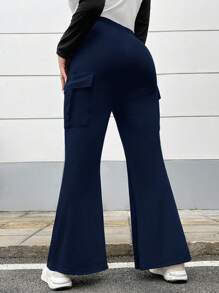 SHEIN EZwear Plus Size Casual Solid Color Cargo Flared Pants - Navy Blue - View 2