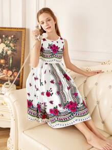 SHEIN Vestito canotta ragazza adolescente con scollo rotondo e motivo floreale carino