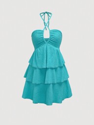 Sweetra Vestido de Linha A Elegante com Decote em Halter, Amarração na Cintura, Bainha Franzida, Vestido Sólido, Traje Y2K, Roupa de Férias Feminina