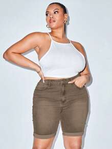 SHEIN Shorts de mezclilla de talla grande con dobladillo enrollado, perfectos para atuendos informales de primavera / verano - Café integral - Ver 6