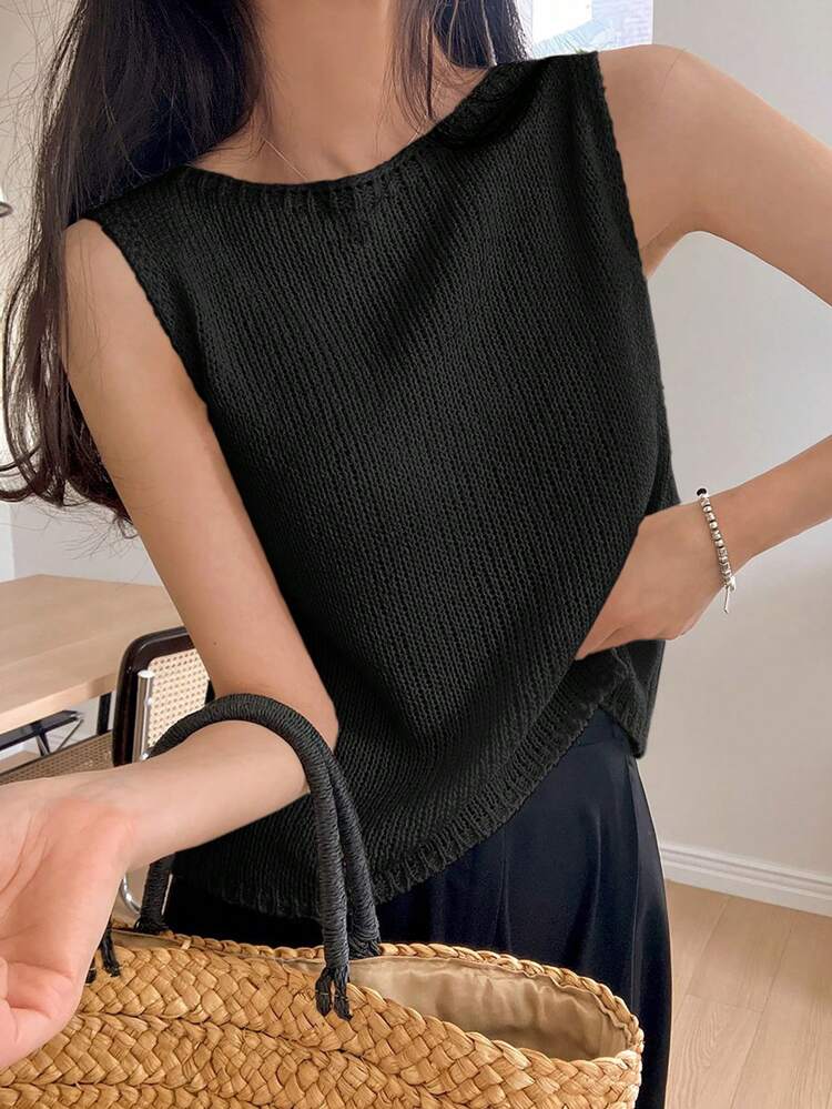 Women Summer Plain Sleeveless Loose Knitted Top With Round Neck