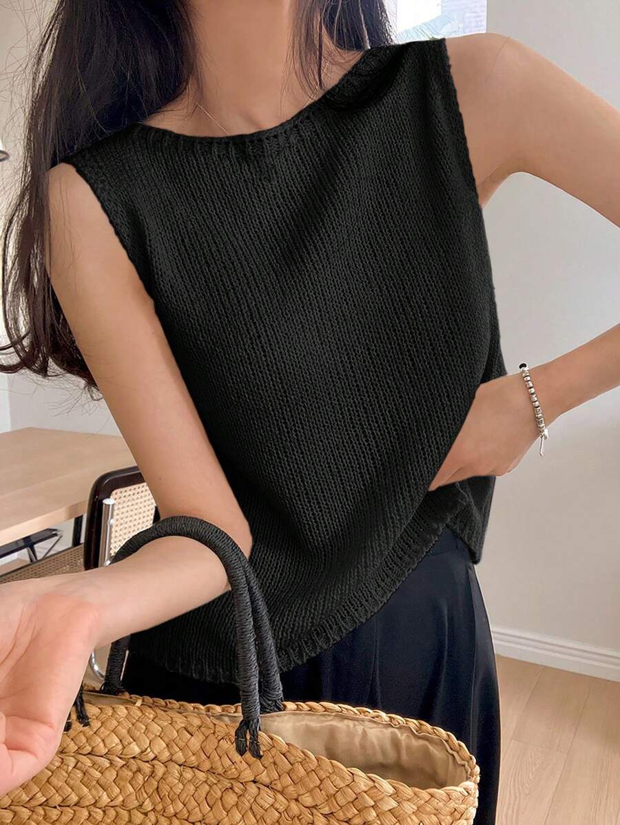 DAZY 女裝夏季純色無袖鬆身針織上衣，圓領款式 - 黑色 - 查看 1