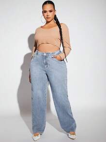 SHEIN SXY Plus Size Casual Loose Fit Straight Leg Jeans With Washed Finish
