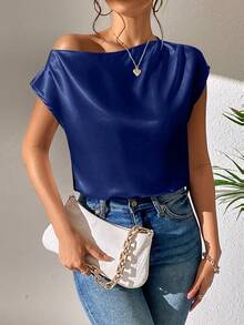 SHEIN Privé Frauen Sommer Einfarbig Asymmetrische Hals Batwing Kurzen Ärmeln Lose Casual Shirt