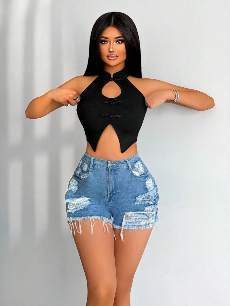 Ladies' Fashionable Simple Open Shoulder Split Hem Tank Top