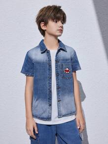 Chaqueta informal de mezclilla lavada con botones y estampado moteado para niño preadolescente - Azul lavado medio - Ver 5